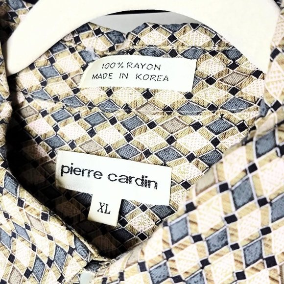 Pierre Cardin Vintage 90s Tan w/ Multicolor Diamond Print S/S Button Up Shirt - Picture 4 of 10